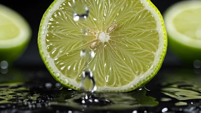 Close up of a juicy lime half with water droplets on a dark surface.