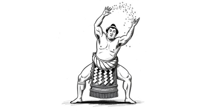 Traditional Sumo Wrestler Performing Ritual Salt Toss Illustration.