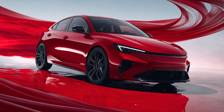 Sleek red electric sedan on reflective floor with flowing silk ribbons in a futuristic composition