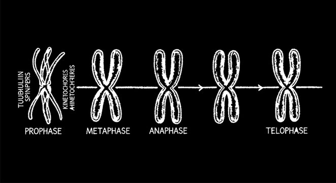 Detailed Illustration of Cell Mitosis Stages and Chromosomes.