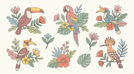Retro Tropical Bird and Floral Clipart Vector Set © Naswi