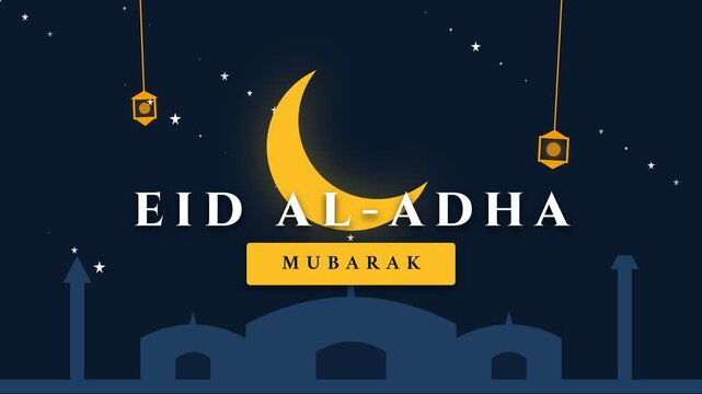 Eid Al Adha Mubarak Greeting with Crescent Moon and Mosque Background