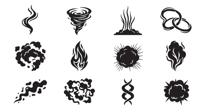 Abstract smoke and cloud silhouette icon set, black vector steam trail tornado fire flame and dust explosion collection,