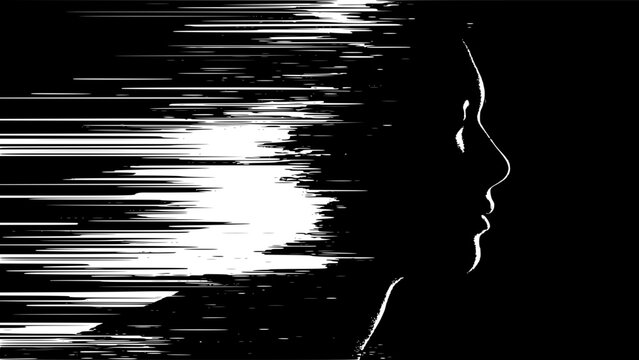 Dramatic black and white silhouette profile of a face merging into fast horizontal speed streaks. Abstract conceptual vector illustration of mental rushing, glitch, identity, or memory loss.