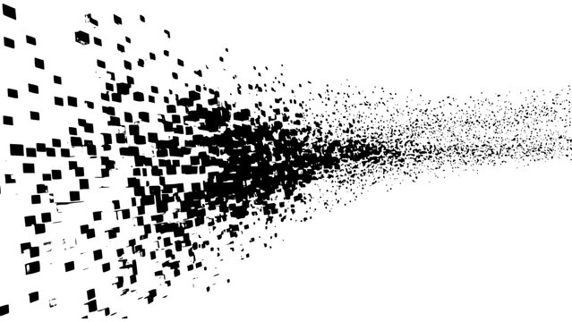 Abstract black particle explosion scattering into tiny pixels and geometric squares on a white background. Dynamic vector illustration representing data dispersion, blast, or disintegration.