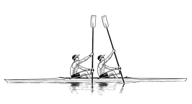 Synchronized rowers paddling in sleek racing boat illustration.