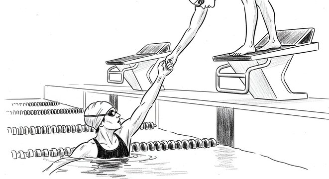 Competitive swimmer diving off starting block illustration.