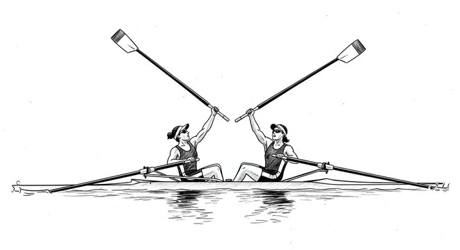 Synchronized rowers paddling in tandem on calm water sketch.