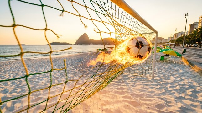 Flaming soccer ball in beach goal on white background not present