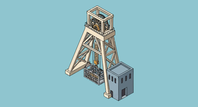 Industrial mining tower structure with building.