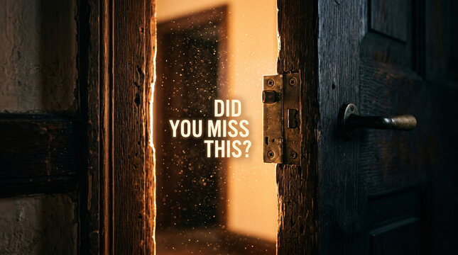 Atmospheric low angle shot of a weathered dark wooden door slightly ajar, revealing a bright golden glow with floating dust motes and the glowing "Did You Miss This?" text phrase.