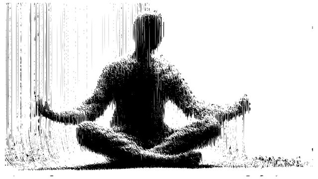 Abstract black silhouette of a person meditating in lotus pose isolated on white. Conceptual vector illustration of mindfulness, mental health wellness, zen peace, and stress relief.