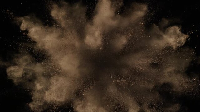 Static brown particle explosion animation frames. Four identical brown particle bursts on a black background for motion graphics and visual effects.