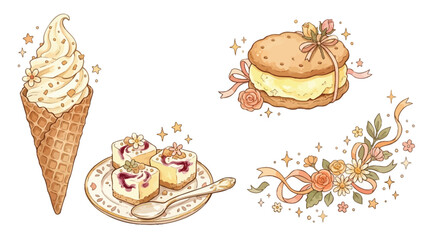 Charming hand-drawn illustrations of sweet treats including ice cream, cookies, and pastries, adorned with floral elements and sparkles.
