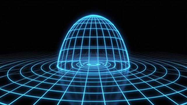 Quantum computing and data analysis concept. Four synchronized 3D wireframe domes with concentric energy waves. Glowing cyan grid structures on black background. Futuristic technology visualization