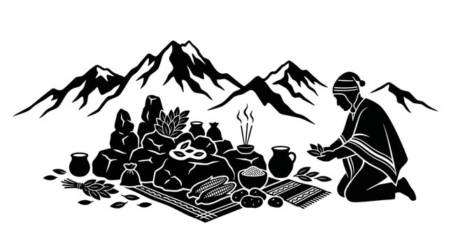 Andean Shaman Performing Ritual with Offerings in Mountains