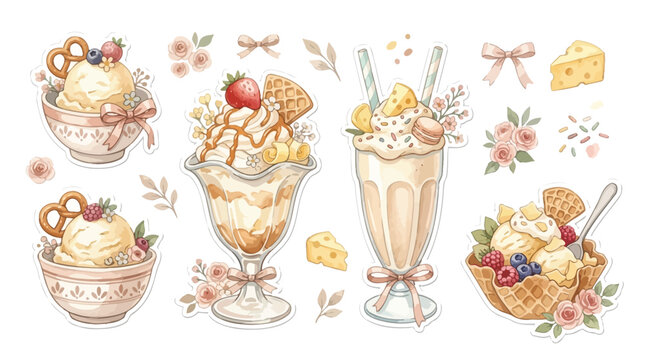 A charming collection of watercolor illustrations featuring various sweet desserts like ice cream sundaes, milkshakes, and parfaits, adorned with fruits, cookies, and flowers.