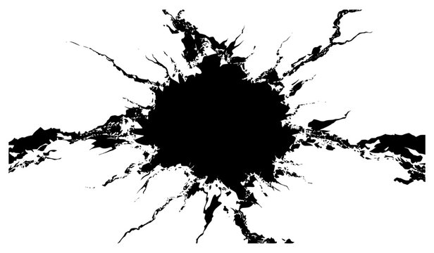 Abstract black crack texture and ground break impact hole isolated on a white background. Dynamic vector illustration depicting wall fracture, earthquake destruction, or a massive smash.