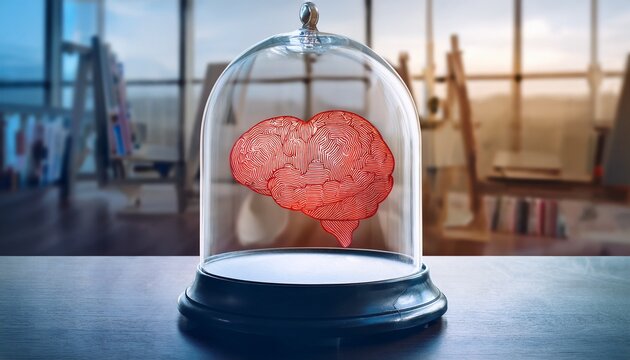 leadership balance ethics logic heart brain scale concept in office with glass dome showing emotional and rational decision making for ethical leadership balance and logic