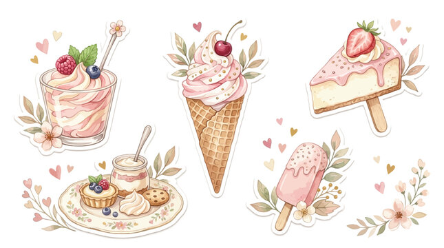 Watercolor illustrations of various sweet desserts including ice cream, cake, and yogurt parfait, decorated with berries and flowers.