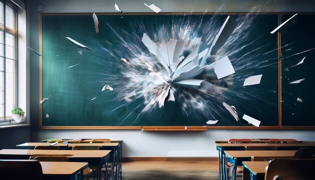 classroom chalkboard shattering into digital screen symbolizing education technology disruption digital transformation learning innovation schools online education and future smart classrooms
