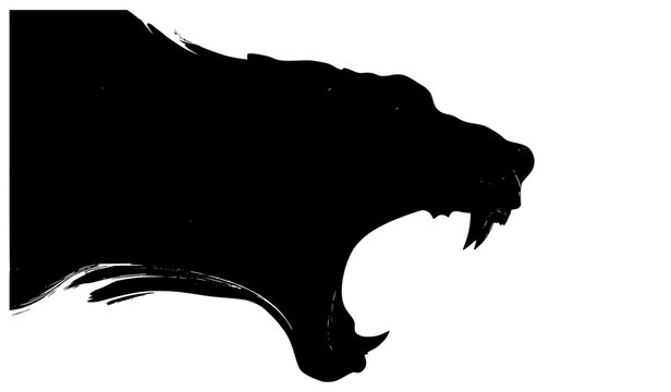Aggressive black silhouette profile of a roaring wild predator head isolated on white. Powerful vector illustration of a snarling panther, wolf, or tiger beast showing sharp fangs.