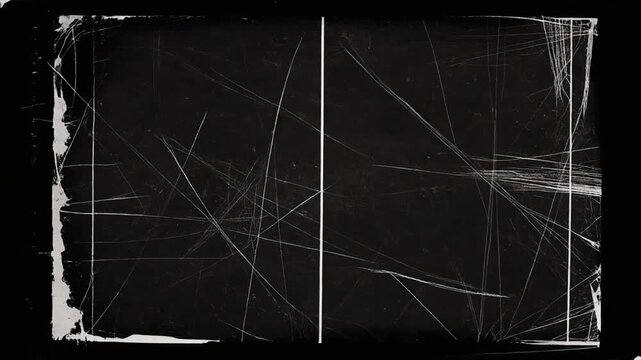 Vintage film scratches and grain texture background. Distressed black surface with white linear marks. Analog cinematic overlay for video editing and retro aesthetic projects. Gritty texture.