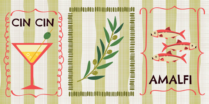 Amalfi coast Italian aperitivo poster template. Retro style Mediterranean food and drink collection illustration with martini cocktail, olive branch, and sardines on a striped canvas background, perfe