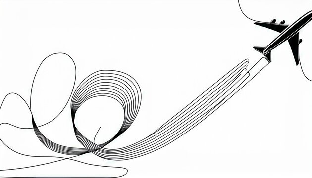 an abstract one line art continuous drawing of an airplane flying on a smooth flight path with loops