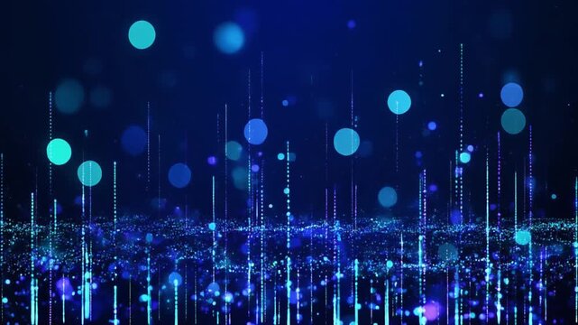 Digital sound wave visualization with glowing blue and cyan audio spectrum. Equalizer bars and frequency spikes on dark gradient background. Seamless loop for music production and tech presentations.
