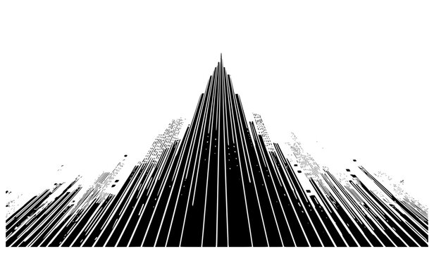 Abstract black skyscraper and city skyline extending into a sharp low-angle linear perspective isolated on white. Dynamic vector graphic representing financial growth, success, and power.