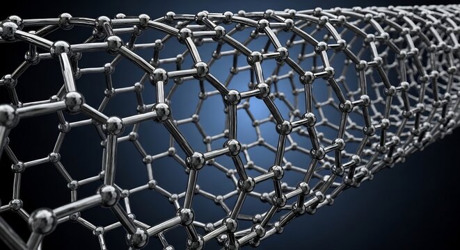 Close up of a carbon nanotube structure with a blue glow inside.