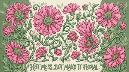 Fototapeta premium Vintage style floral typography poster featuring tangled pink daisy flowers and humorous text Hot Mess But Make It Floral