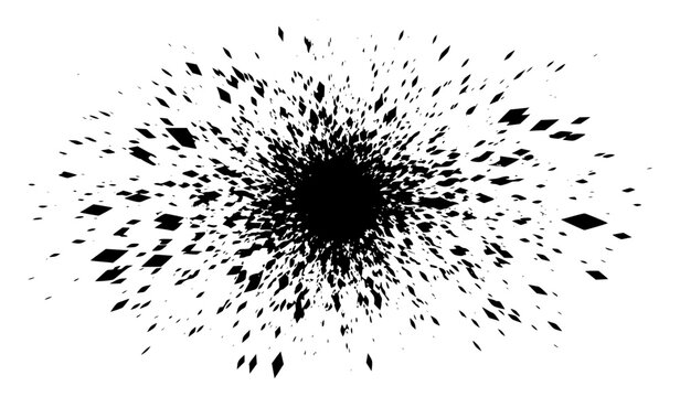 Abstract geometric black ink splatter exploding into tiny diamond and square shards. Minimalist dynamic burst graphic element isolated on a clean white background for creative design.