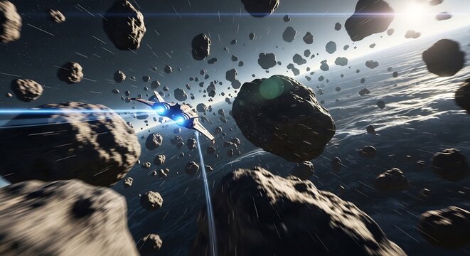Futuristic Spaceship Navigates Dense Asteroid Field in Deep Space.