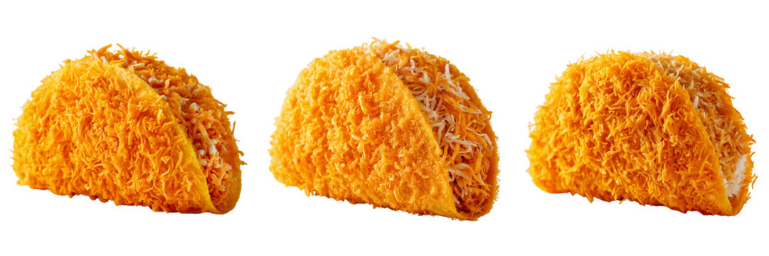 Set of Close-up of a crispy hard shell taco being assembled with fresh ingredients on transparent png background. Ai generated