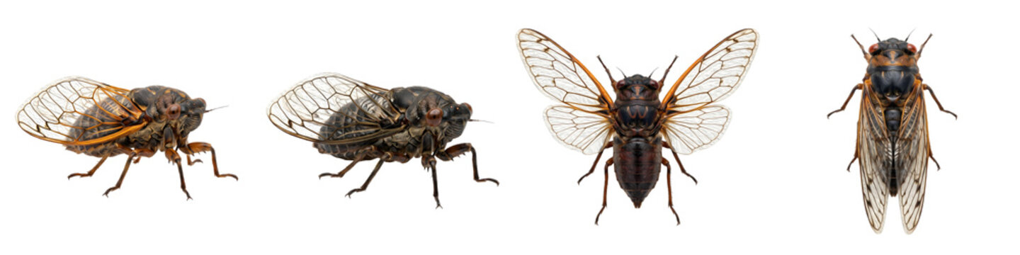 Cicada Collection: High-Resolution Macro Photography Featuring Multiple Angles of Cicadidae Specimens Isolated on a Professional Bright White Studio Background