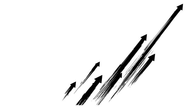 Abstract black arrows with fast grunge motion blur lines shooting diagonally upward. Minimalist financial growth or success concept graphic element isolated on a clean white background.