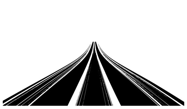 Abstract low-angle vector illustration of an endless black highway stretching to a single horizon point. Minimalist linear road perspective graphic isolated on a clean white background.