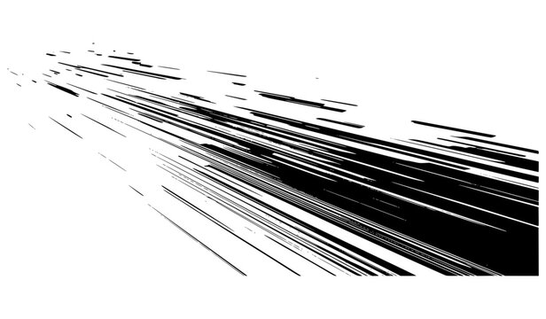 Abstract dynamic black speed lines shooting diagonally across the lower frame with a fast motion blur effect. Minimalist tech graphic element isolated on a clean white background for design.