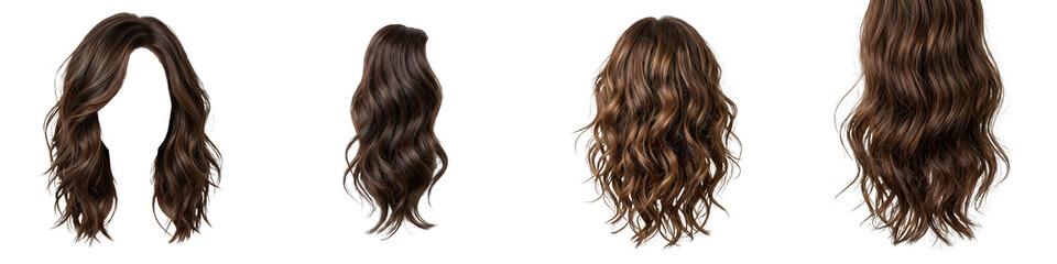 Fototapeta premium Women's Brown Wavy Wig Collection: High-Quality Synthetic Hair Extensions Featuring Natural Textures and Styles Isolated on a Professional Bright White Studio Background