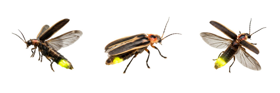 Firefly Beetle Collection: High-Resolution Macro Photography Showing Multiple Angles of Bioluminescent Lampyridae Insects Isolated on a Professional White Background