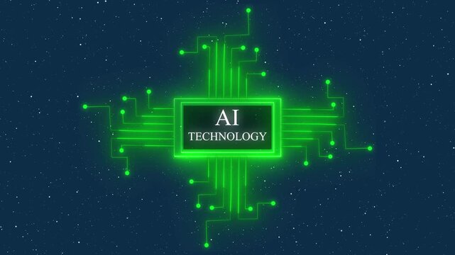 Ai technology digital concept with glowing green circuit board animation, illuminating AI technology text on central processing unit, symbolizing advanced computing and artificial intelligence.