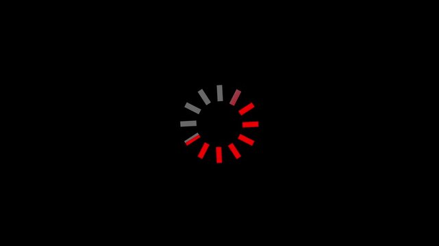 Progress loading indicator spinning circle animation with red segments showing data processing or waiting status on black background footage
