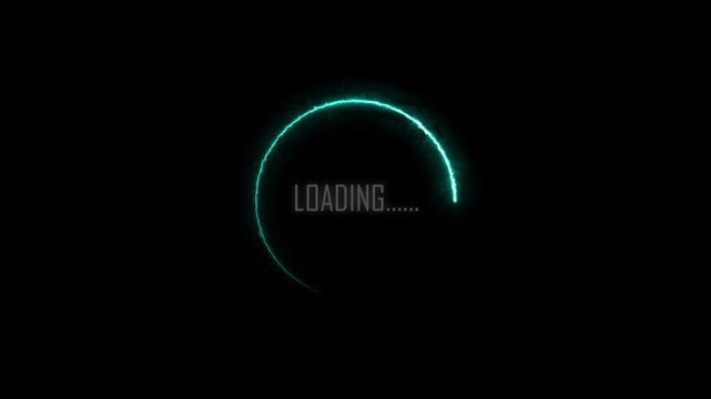 Dynamic loading circle with glowing cyan energy on black background, representing digital process and data transfer, seamless loop motion graphic