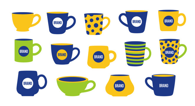 Collection of colorful coffee mugs.