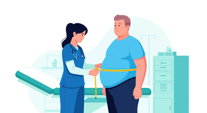 Doctor measuring obese patient waist.