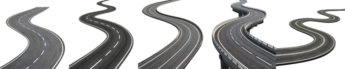 Winding Asphalt Road Collection: Set of Curved Highways and Infrastructure Pathways Isolated on White Background for Transportation, Travel, and Logistics Concepts © Dynamic Shoots