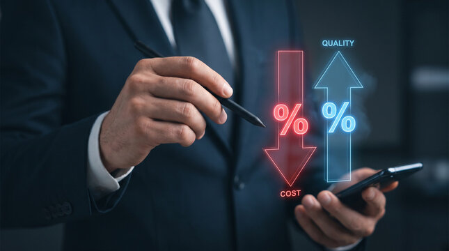 Businessman analyzing cost reduction and quality improvement percentage arrows with stylus