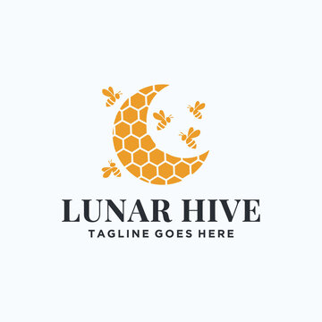 Golden crescent moon with buzzing honey bees honeycomb for organic products honey or creative ventures Logo Design
